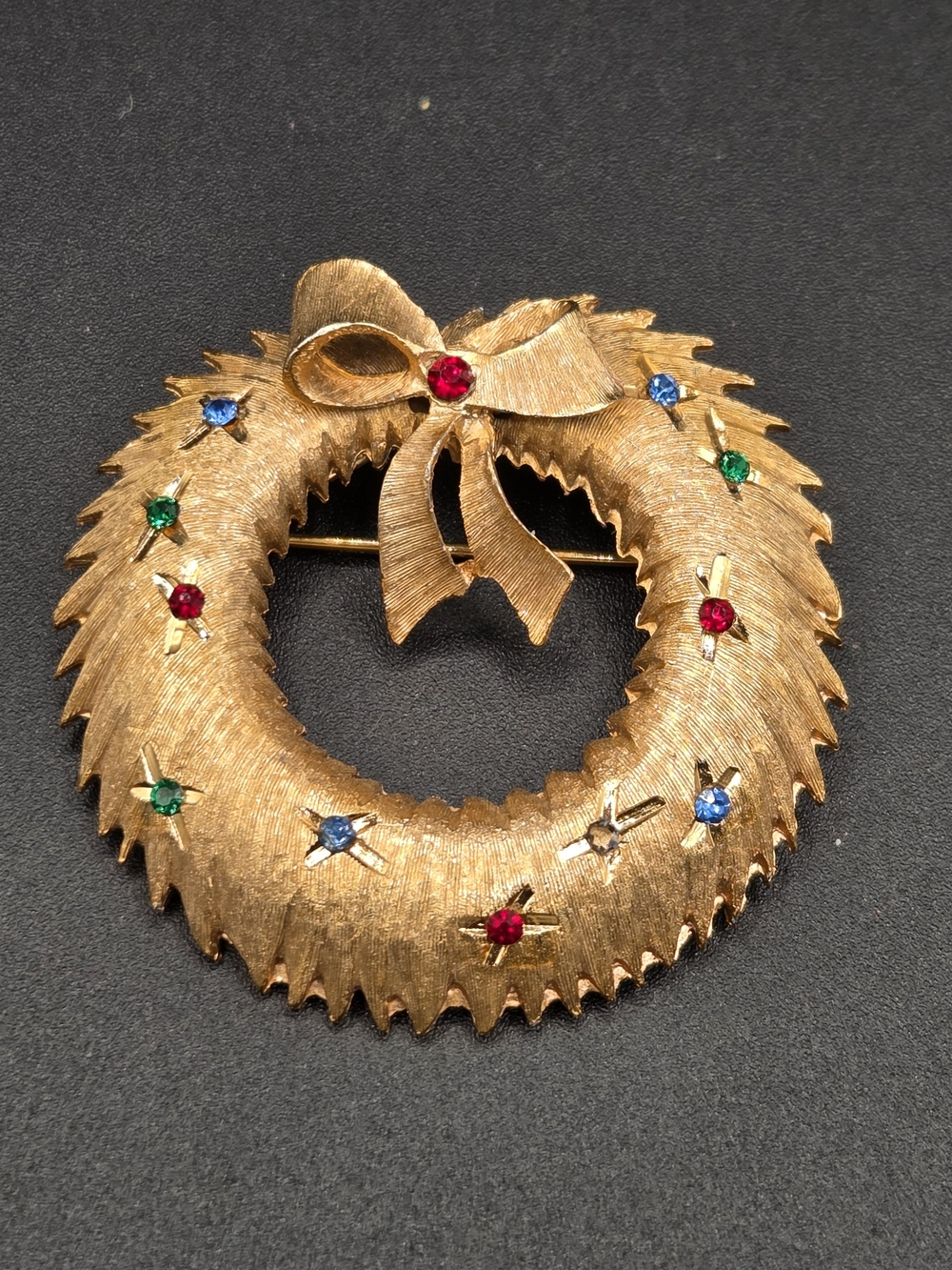 Gold-Tone Wreath Brooch with Red, Green & Blue Stones